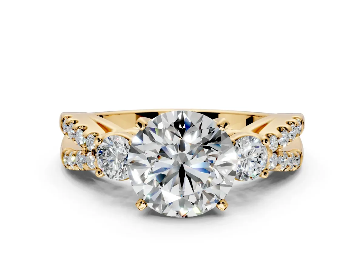 3 Stone Engagement Ring Setting for Round Cut Center with Pave Split Shank and Prong Head in Yellow Gold