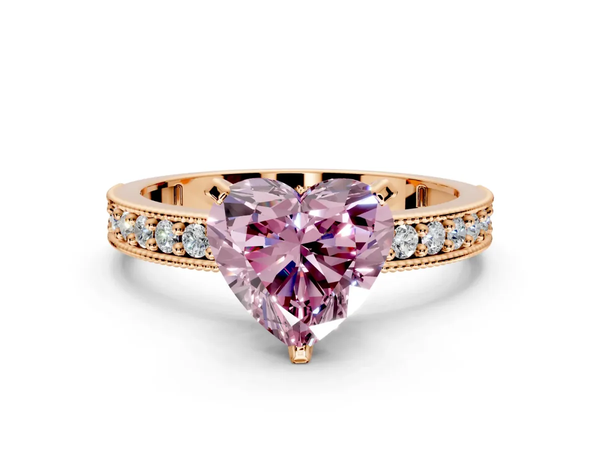 Milgrain Pave Engagement Ring Setting for Fancy Pink Heart-Shaped Center with Accent Band and Prong Head in Rose Gold