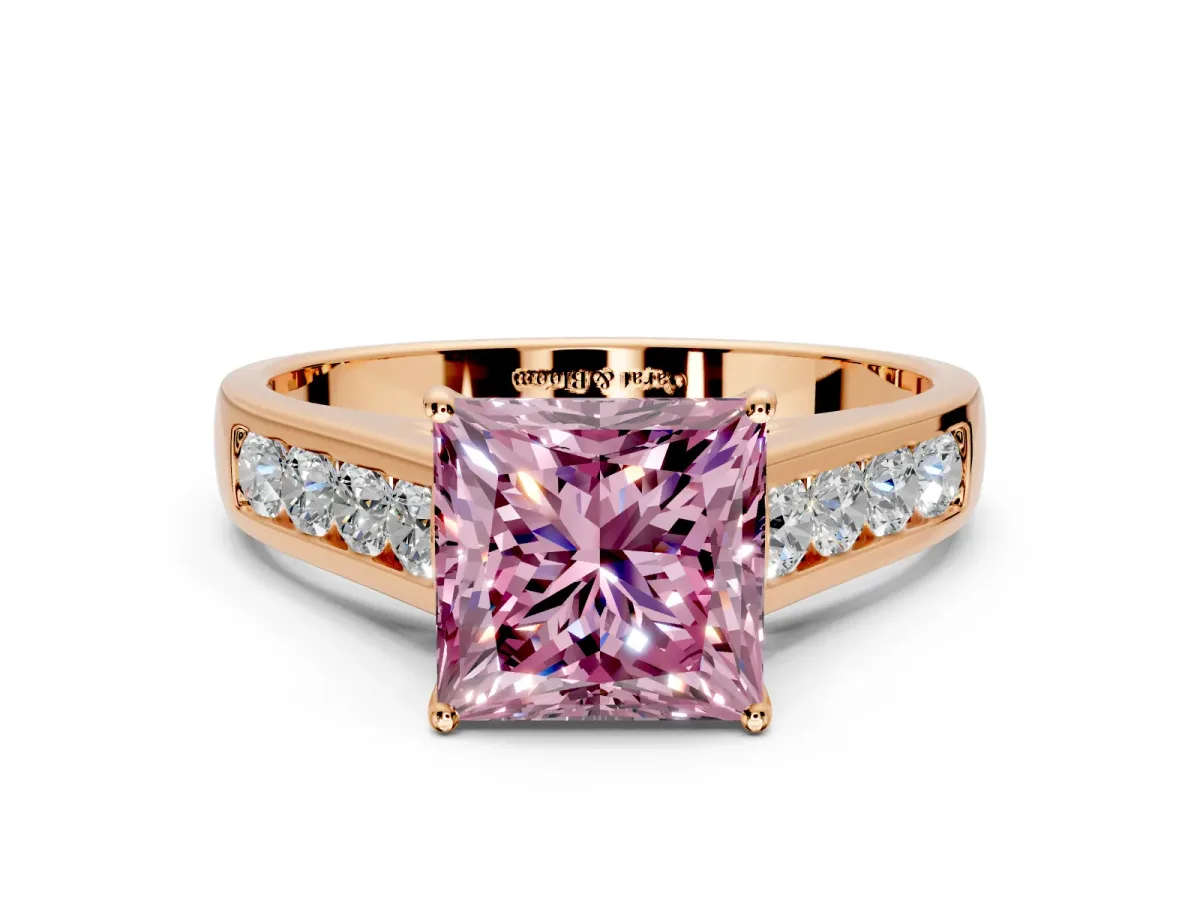 Solitaire Engagement Ring Setting for Fancy Pink Princess Cut Center with Cathedral Channel Band and Prong Head in Rose Gold