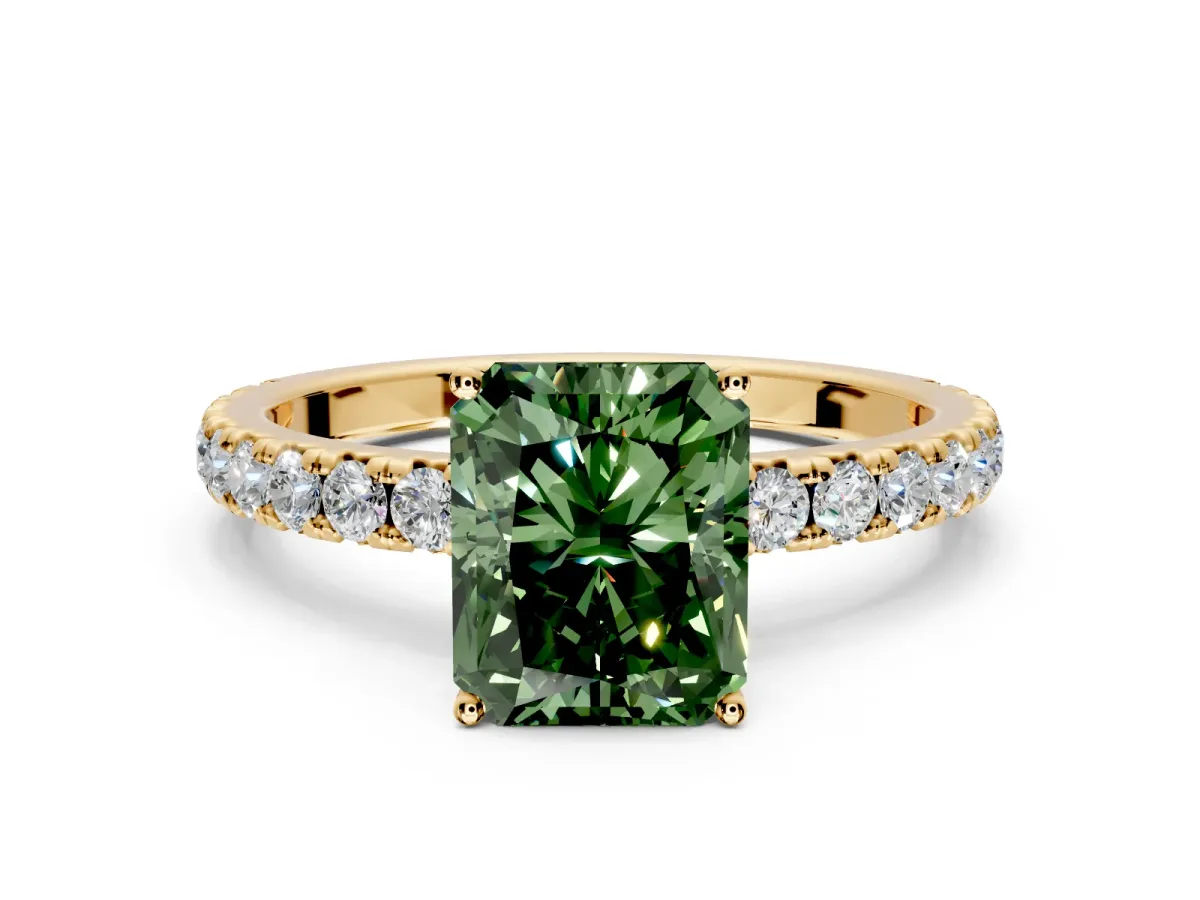 Solitaire Engagement Ring Setting for Fancy Green Radiant Cut Center with Large Accent Band and Prong Head in Yellow Gold
