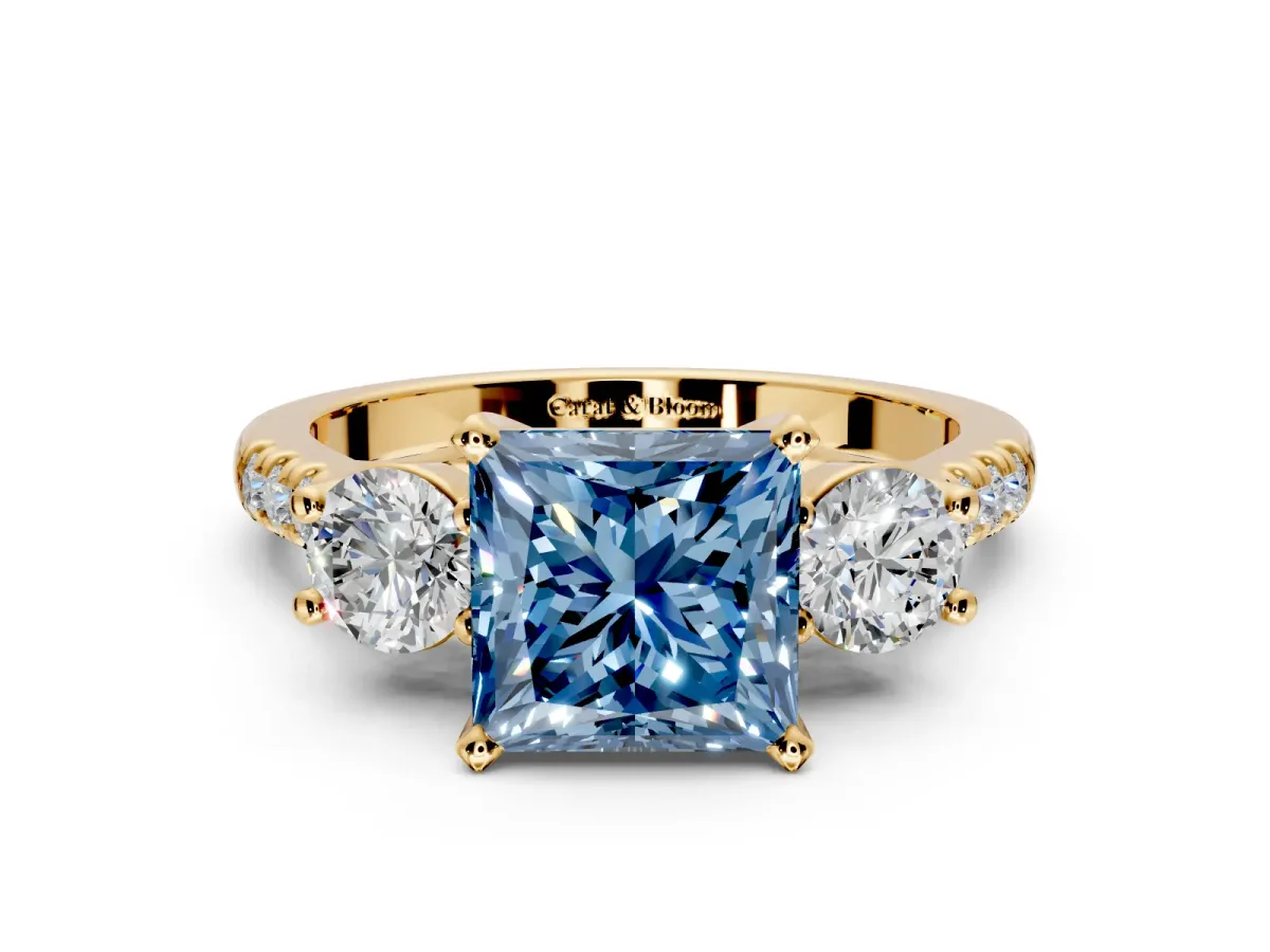 3 Stone Engagement Ring Setting for Fancy Blue Princess Cut Center with Crossover Basket, Pave Band and Prong Head in Yellow Gold