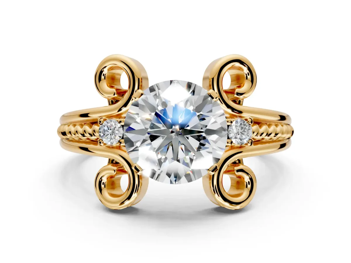Solitaire Engagement Ring Setting for Round Cut Center with Twisted Band and Scroll Prong Head in Yellow Gold