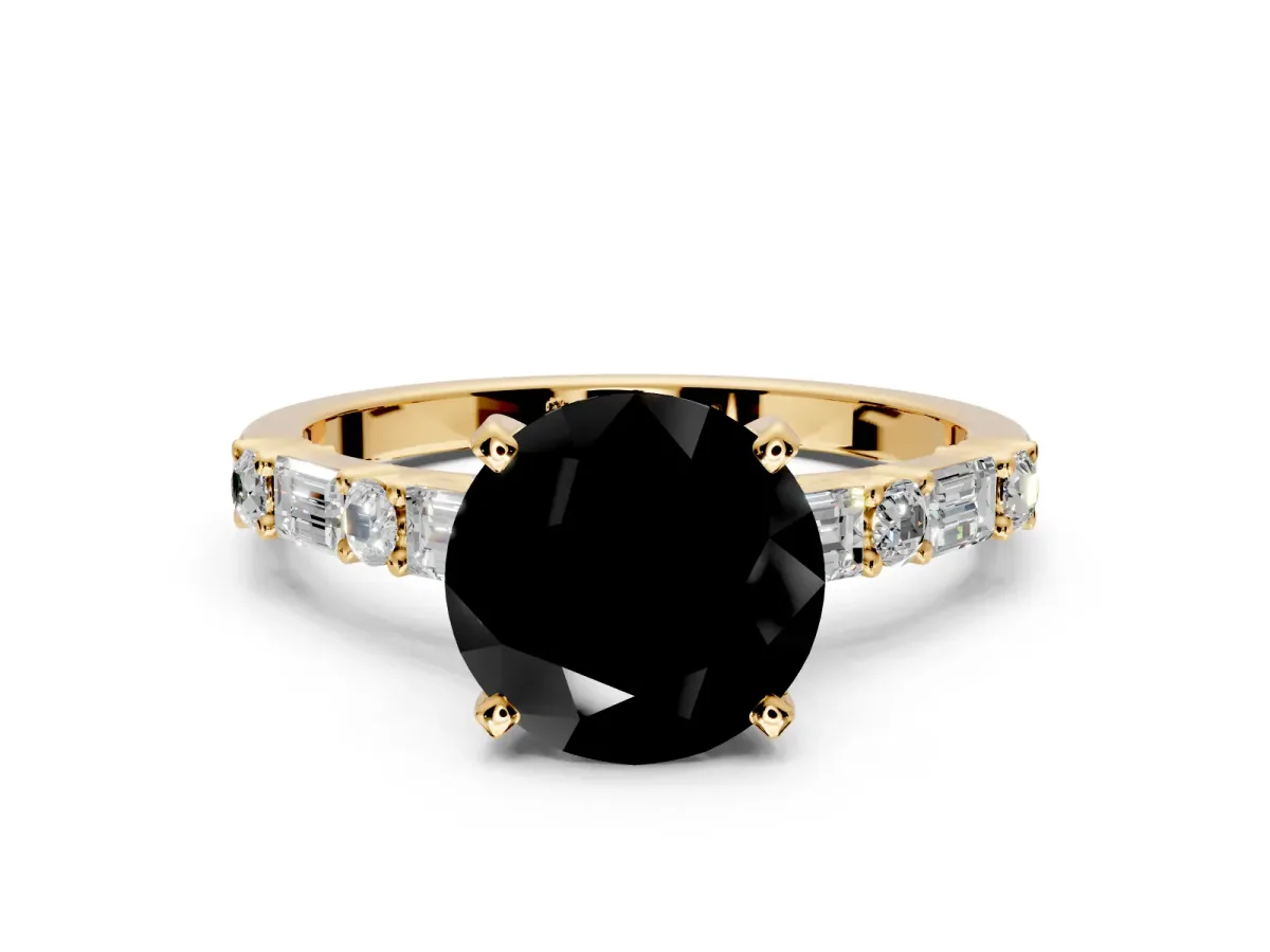 Baguette Engagement Ring Setting for Fancy Black Round Cut Center with Alternating Bar-Set Band and Prong Head in Yellow Gold