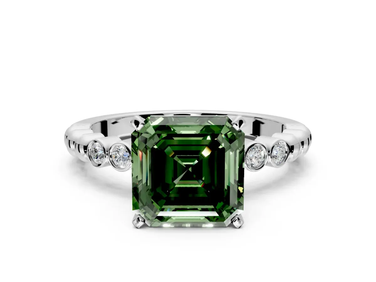 Solitaire Engagement Ring Setting for Fancy Green Asscher Cut Center with Bezel-Dot Beaded Band and Prong Head in Sterling Silver