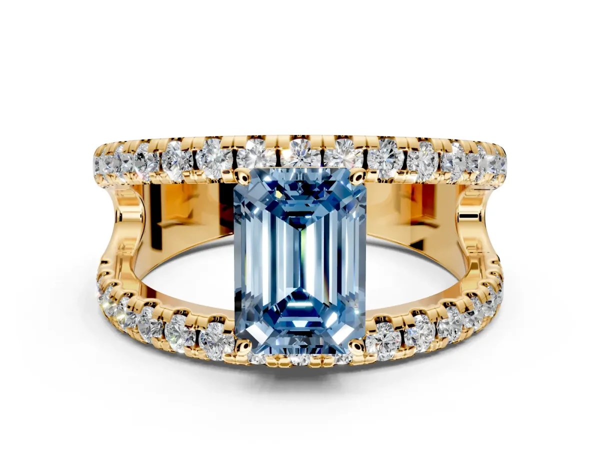 Solitaire Engagement Ring Setting for Fancy Blue Emerald Cut Center with Wide-Open Split Shank and Prong Head in Yellow Gold