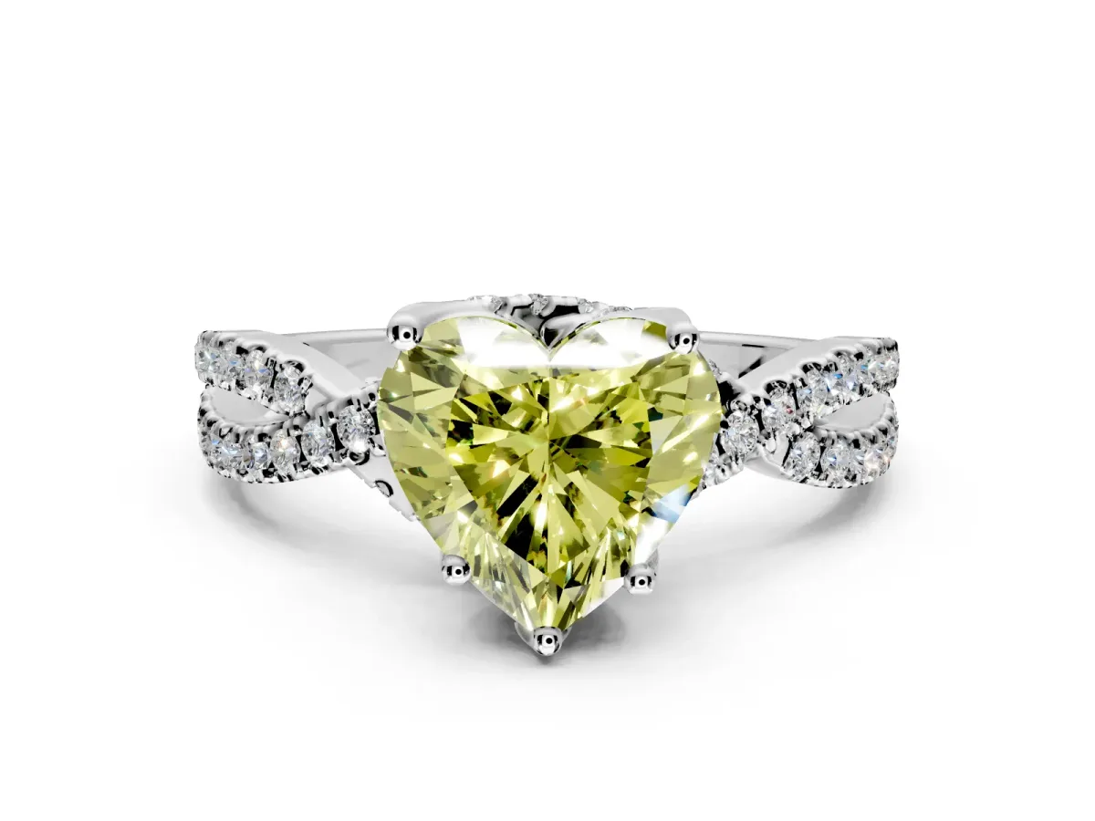 Solitaire Engagement Ring Setting for Fancy Yellow Heart-Shaped Center with Narrow Twist Pave Band and Prong Head in Platinum