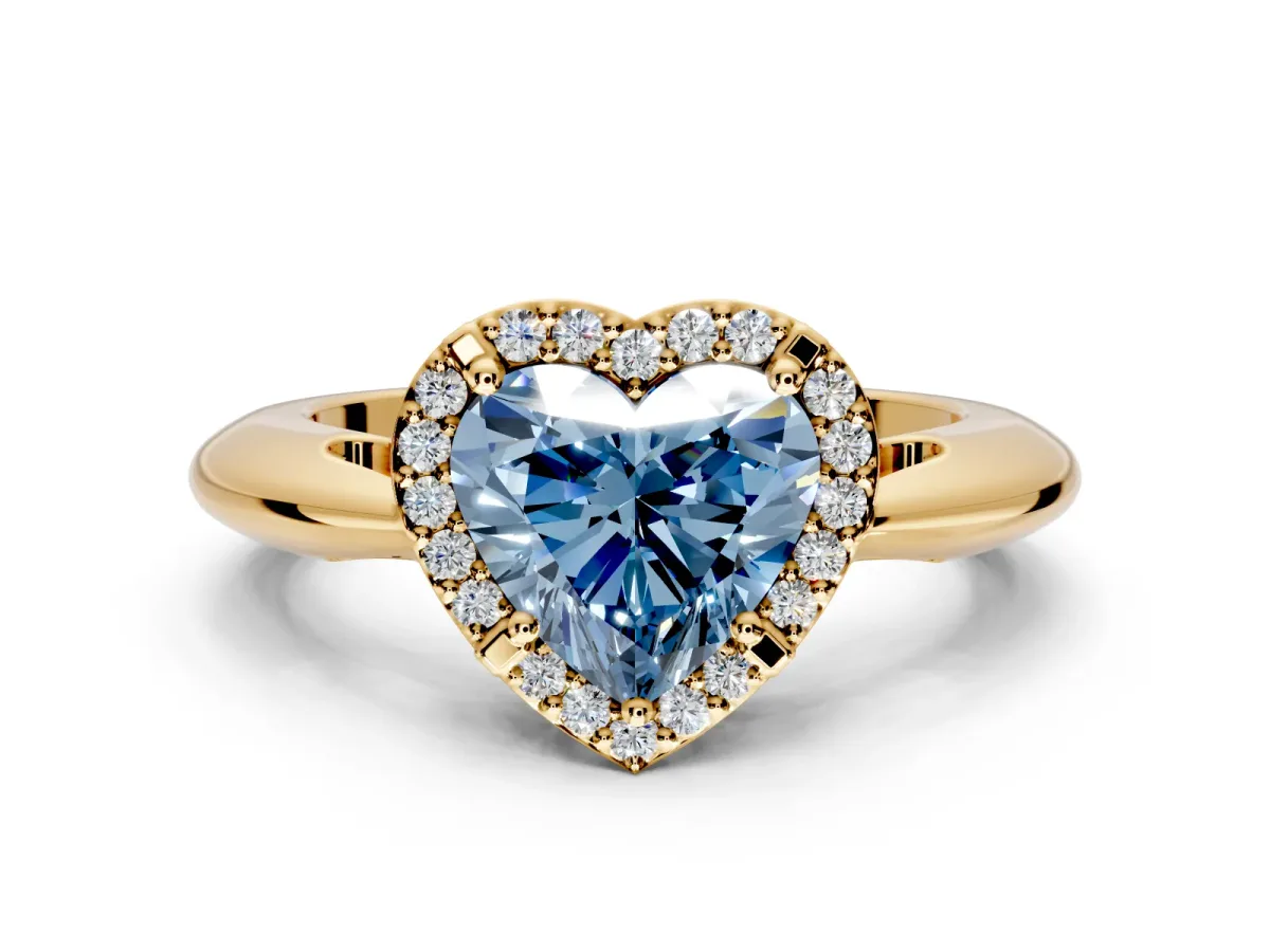 Halo Engagement Ring Setting for Fancy Blue Heart-Shaped Center with Tapered Plain Band and Prong Head in Yellow Gold