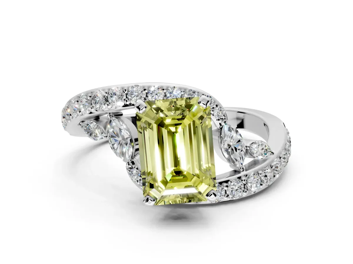 Solitaire Engagement Ring Setting for Fancy Yellow Emerald Cut Center with Pave Bypass Twist Band and Prong Head in Sterling Silver