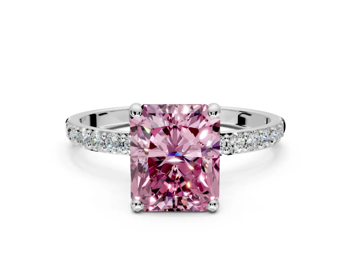 Solitaire Engagement Ring Setting for Fancy Pink Radiant Cut Center with Pave Accents and Prong Head in Sterling Silver