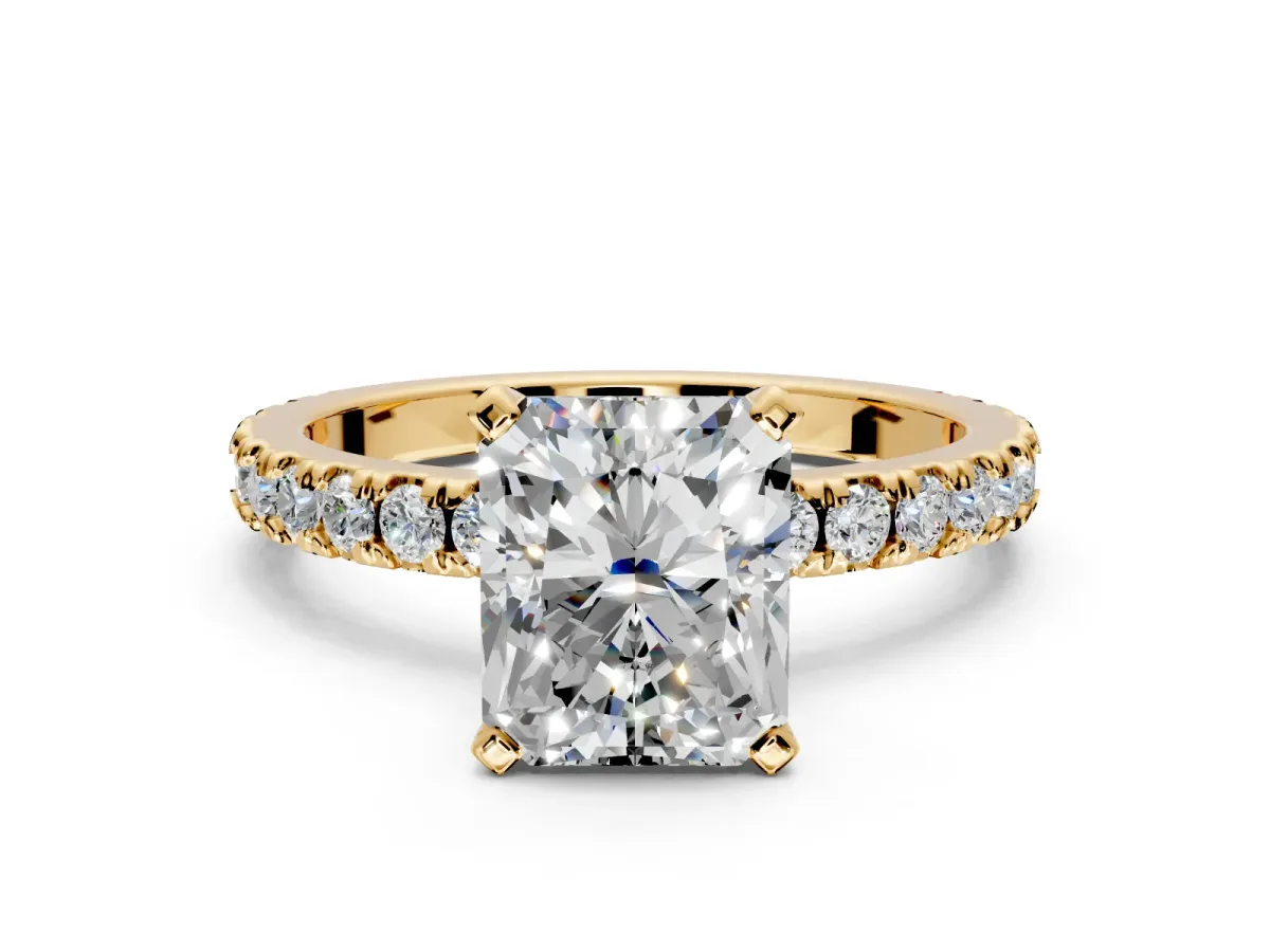 Solitaire Engagement Ring Setting for Radiant Cut Center with Fine Pave Band and Claw Prong Head in Yellow Gold