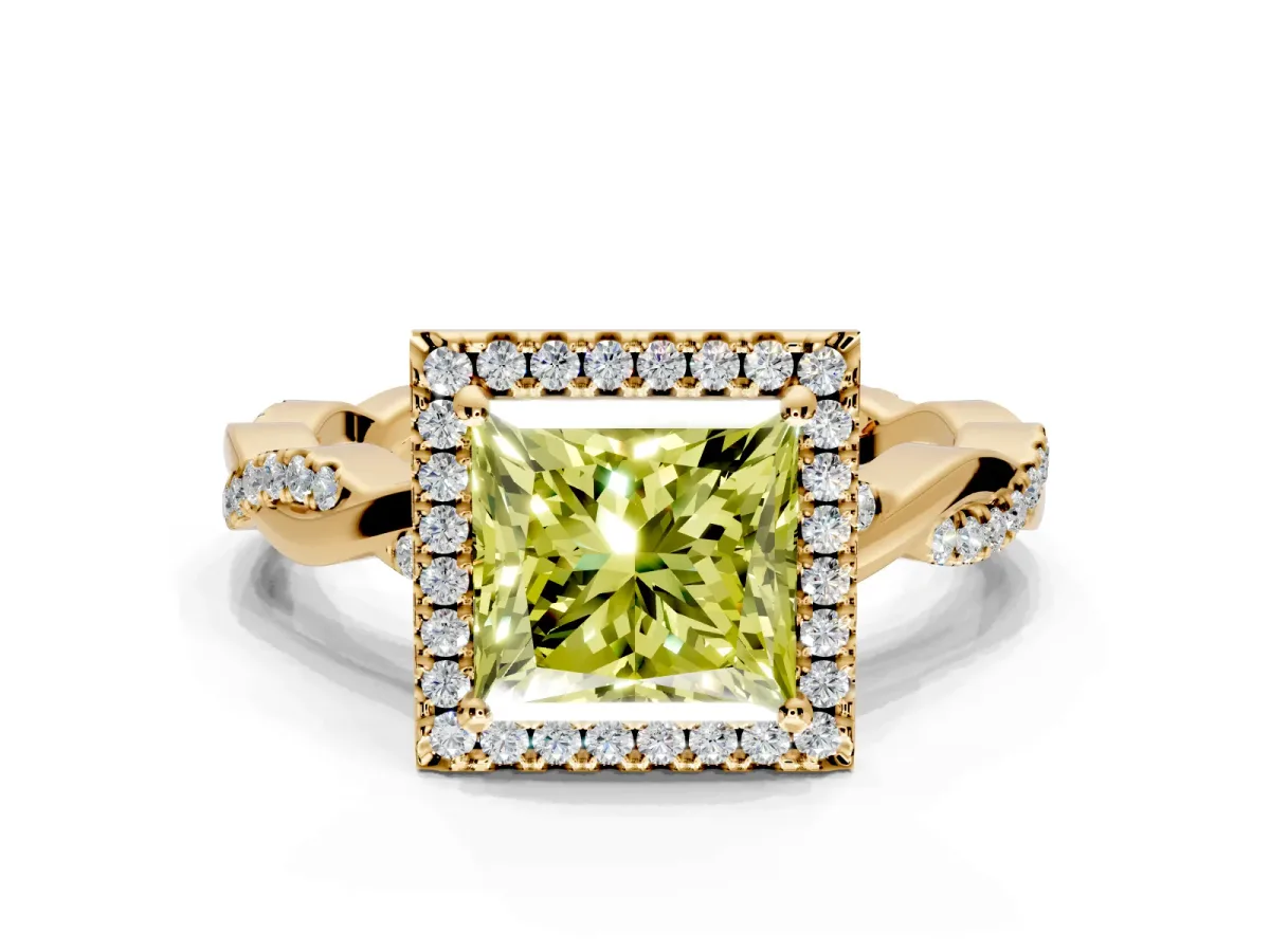 Halo Engagement Ring Setting for Fancy Yellow Princess Cut Center with Pave and Plain Twist Band and Prong Head in Yellow Gold
