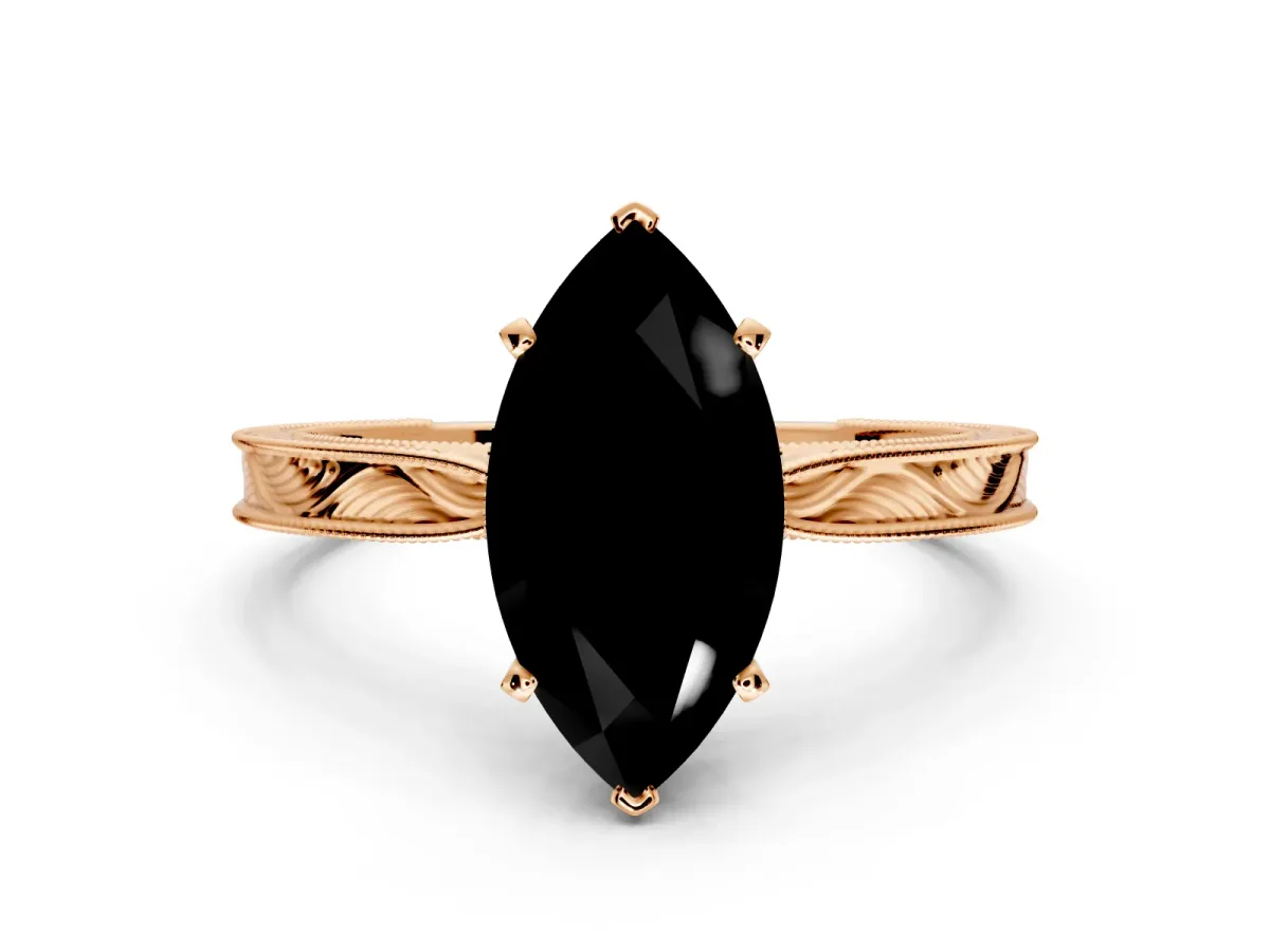 Solitaire Engagement Ring Setting for Fancy Black Marquise Center with Engraved Milgrain Band and Prong Head in Rose Gold