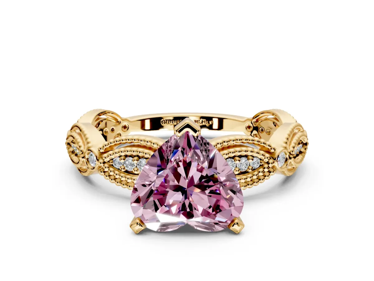 Solitaire Engagement Ring Setting for Fancy Pink Heart-Shaped Center with Marquise Panel Band and Prong Head in Yellow Gold