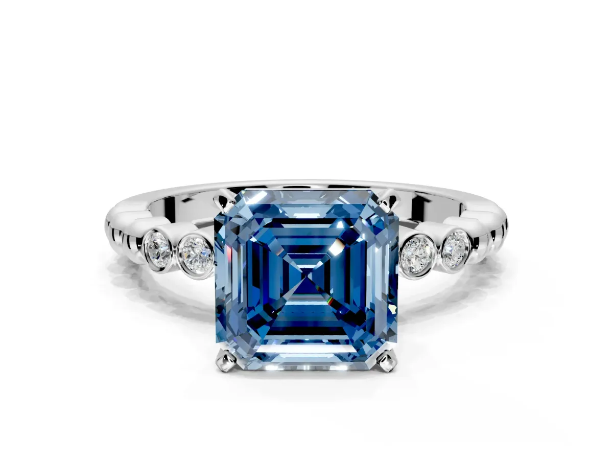 Solitaire Engagement Ring Setting for Fancy Blue Asscher Cut Center with Bezel-Dot Beaded Band and Prong Head in Platinum