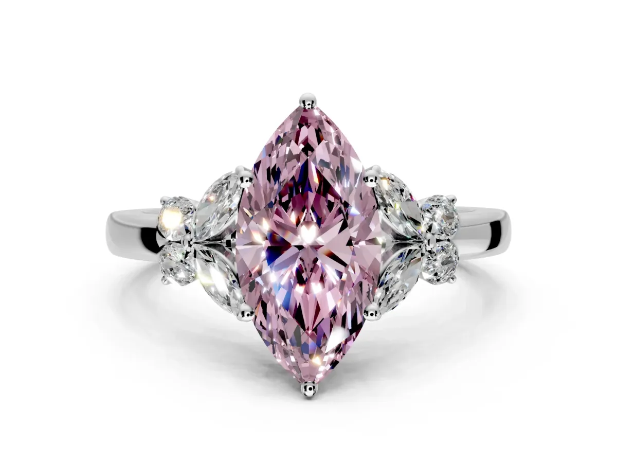 Solitaire Engagement Ring Setting for Fancy Pink Marquise Center with Marquise Flower Shoulders and Prong Head in White Gold