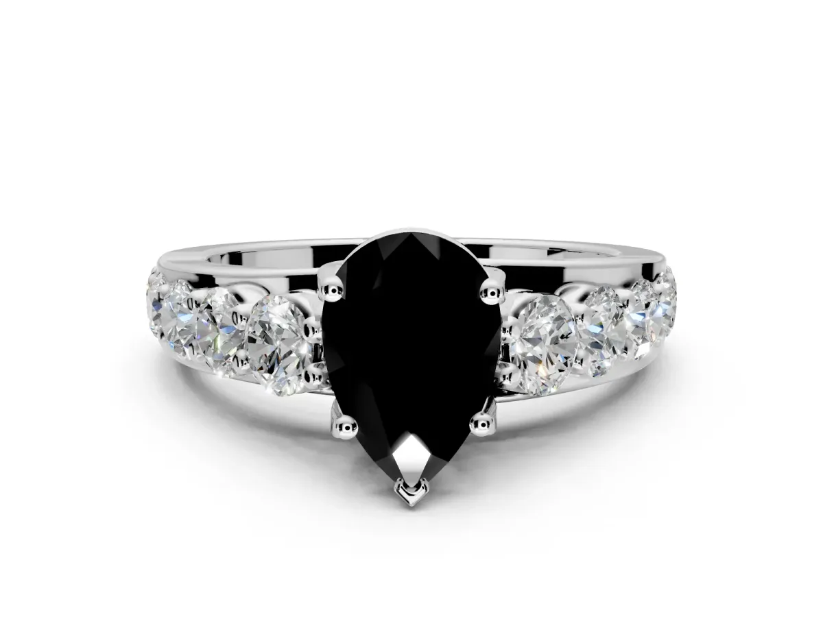 Solitaire Engagement Ring Setting for Fancy Black Pear-Shaped Center with Graduated Shared Prongs and Prong Head in White Gold