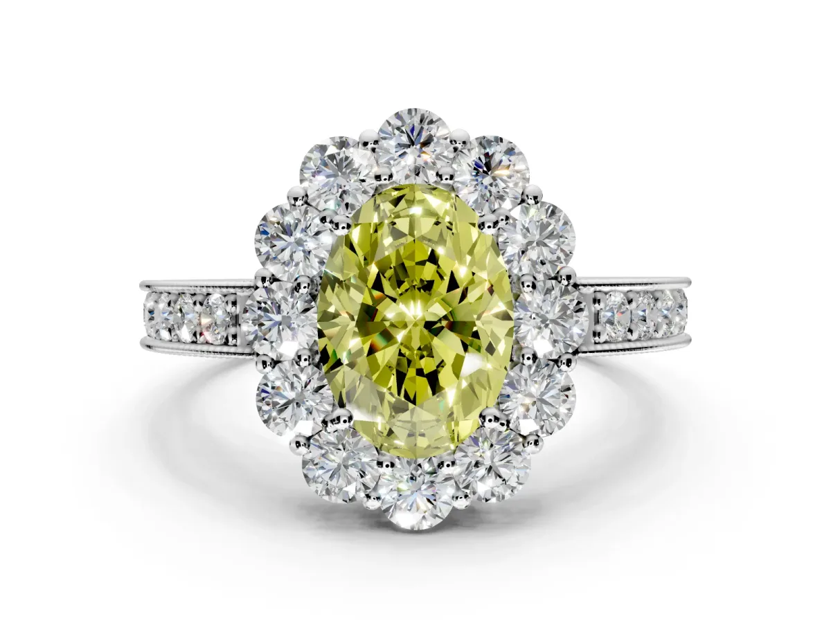 Halo Engagement Ring Setting for Fancy Yellow Oval Center with Milgrain Channel Band and Prong Head in Platinum