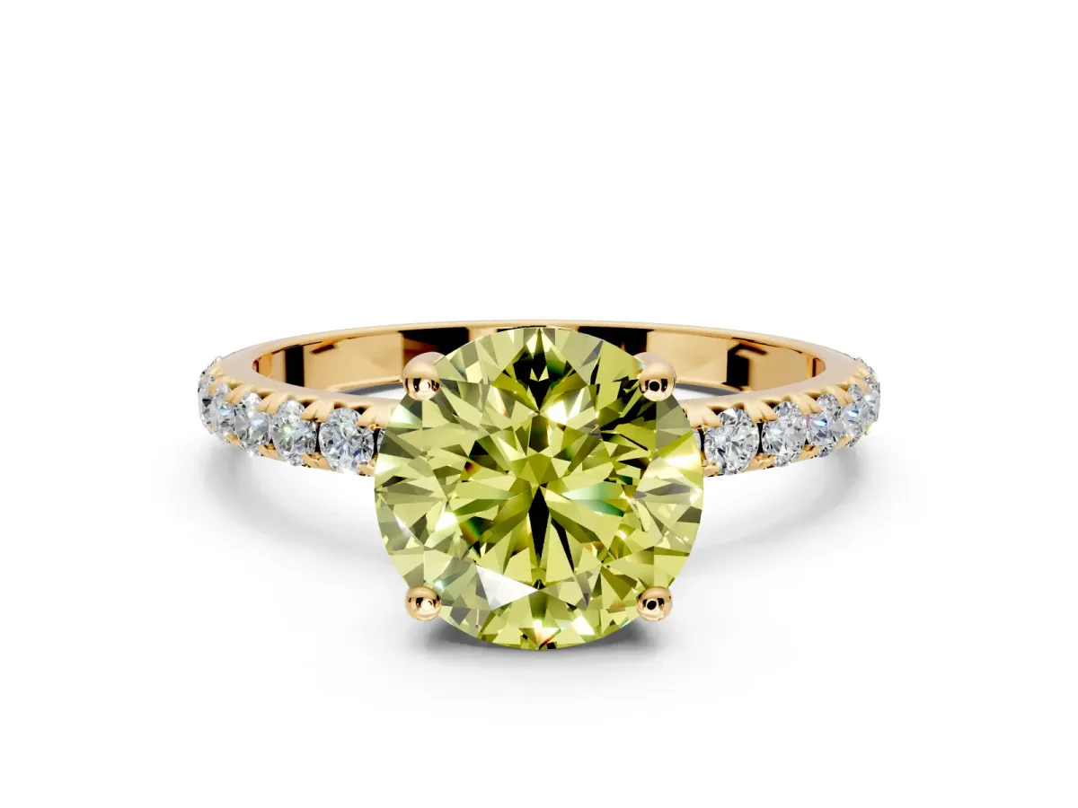 Solitaire Engagement Ring Setting for Fancy Yellow Round Cut Center with Micro Pave Band and Prong Head in Yellow Gold