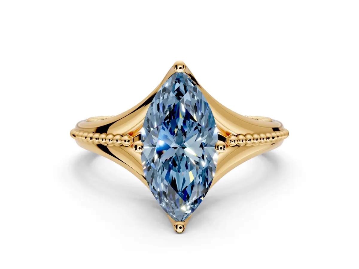 Solitaire Engagement Ring Setting for Fancy Blue Marquise Center with Milgrain Cathedral Band and Prong Head in Yellow Gold