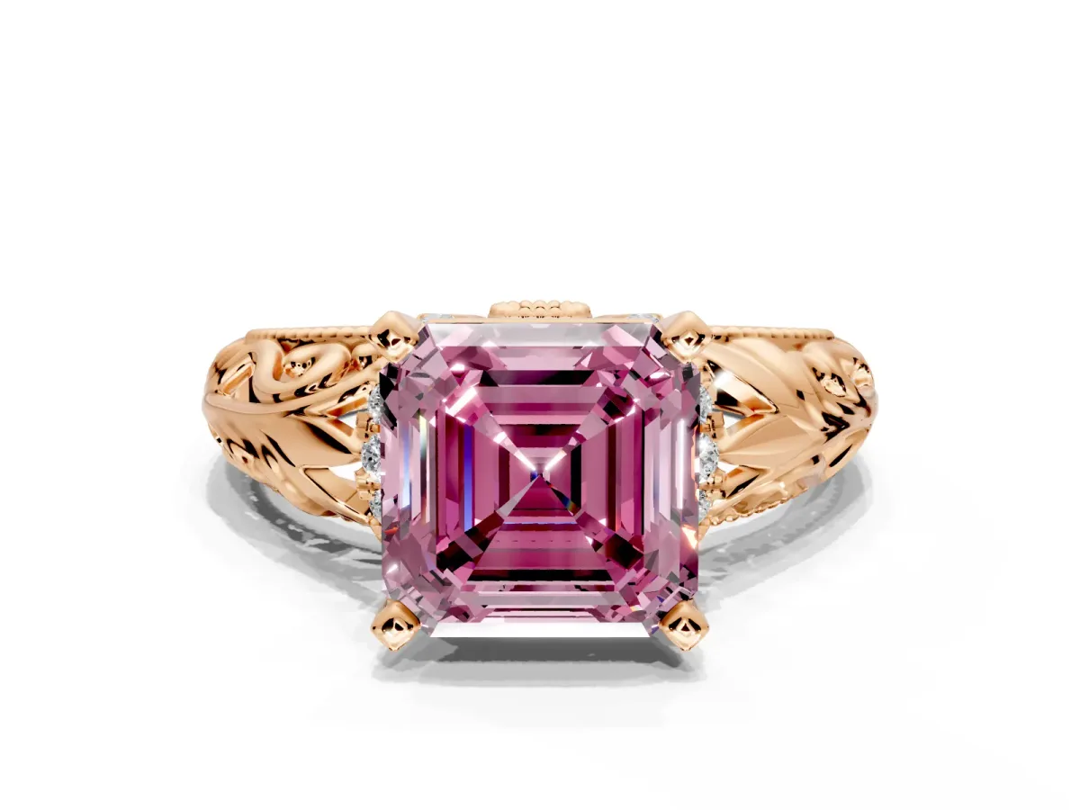 Solitaire Engagement Ring Setting for Fancy Pink Asscher Cut Center with Filigree Accent Basket and Prong Head in Rose Gold