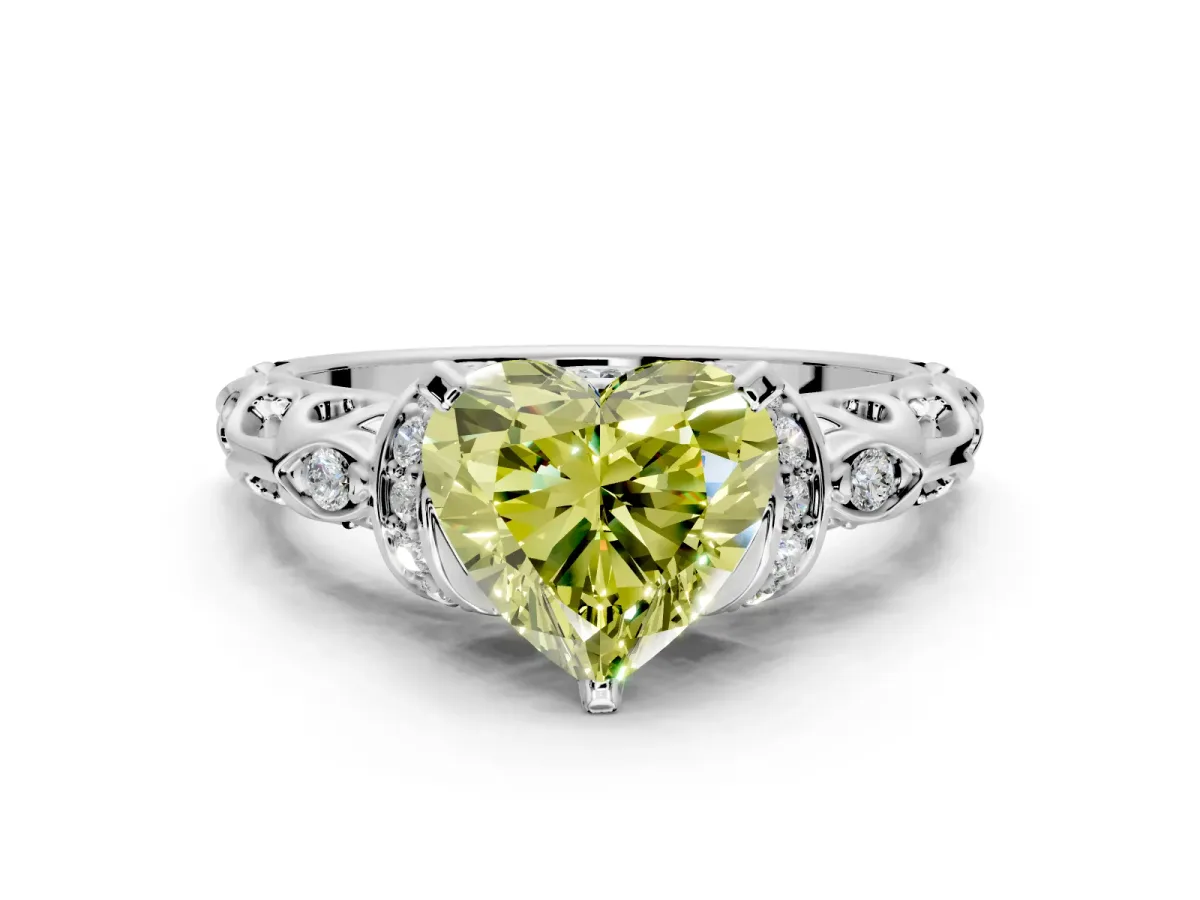 Solitaire Engagement Ring Setting for Fancy Yellow Heart-Shaped Center with Filigree Band and Prong Head in White Gold