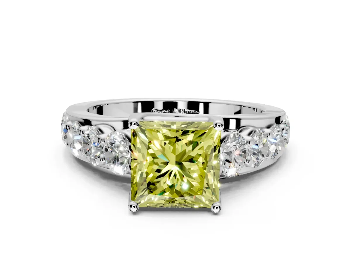 Solitaire Engagement Ring Setting for Fancy Yellow Princess Cut Center with Graduated Shared Prongs and Prong Head in Sterling Silver