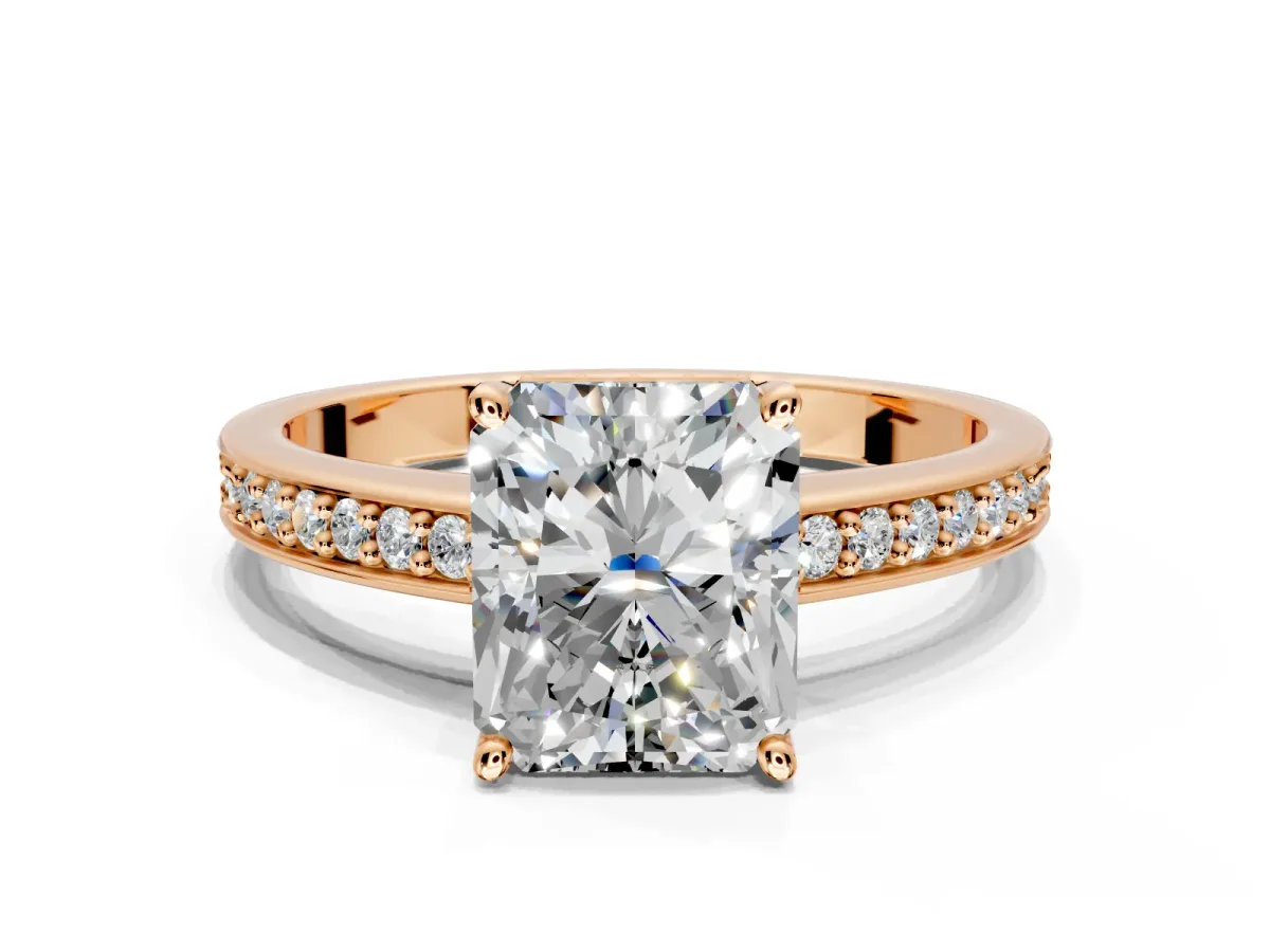 Solitaire Engagement Ring Setting for Radiant Cut Center with Channel-Set Accent Band and Prong Head in Rose Gold