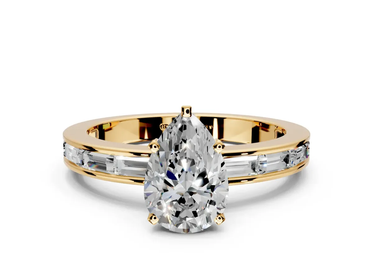 Solitaire Engagement Ring Setting for Pear-Shaped Center with Channel Baguette Band and Prong Head in Yellow Gold