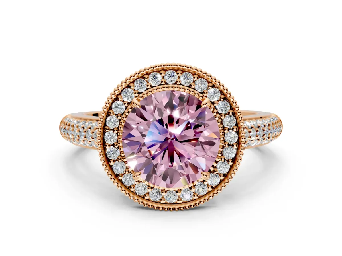 Milgrain Halo Engagement Ring Setting for Fancy Pink Round Cut Center with Three-Sided Pave Band and Prong Head in Rose Gold