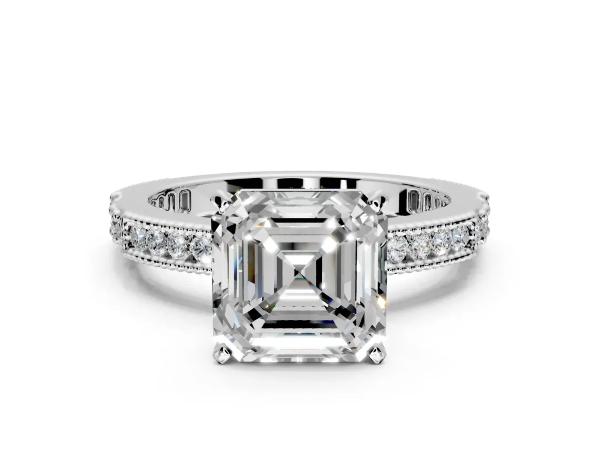 Solitaire Engagement Ring Setting for Asscher Cut Center with Milgrain-Edged Pave Band and Prong Head in Platinum