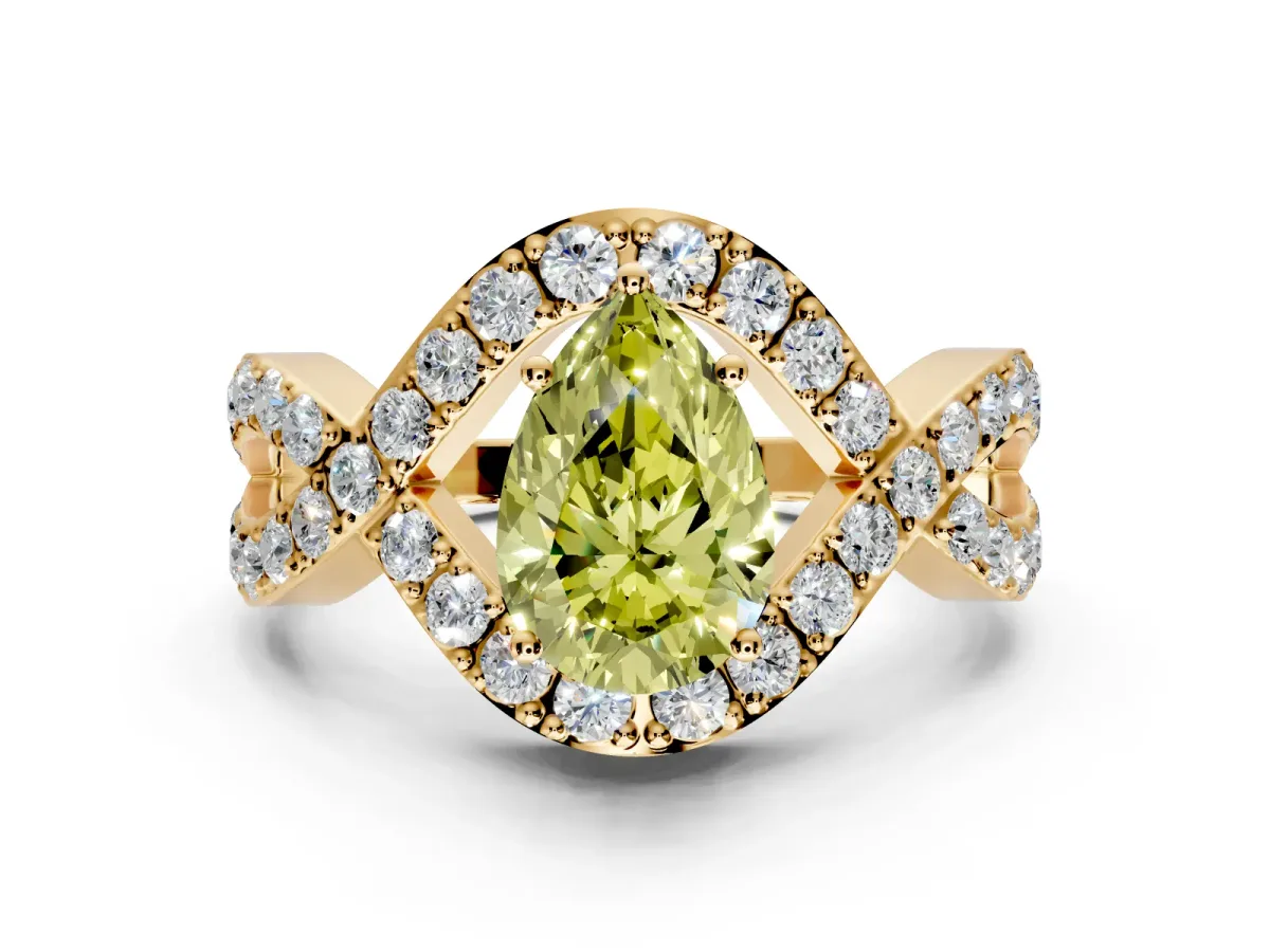 Halo Engagement Ring Setting for Fancy Yellow Pear-Shaped Center with Pave Infinity Twist Band and Prong Head in Yellow Gold