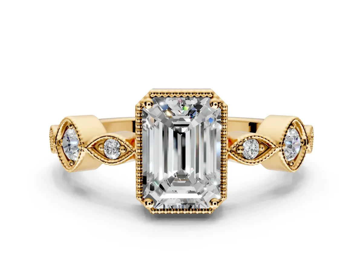 Vintage Station Engagement Ring Setting for Emerald Cut Center with Accents and Prong Head in Yellow Gold