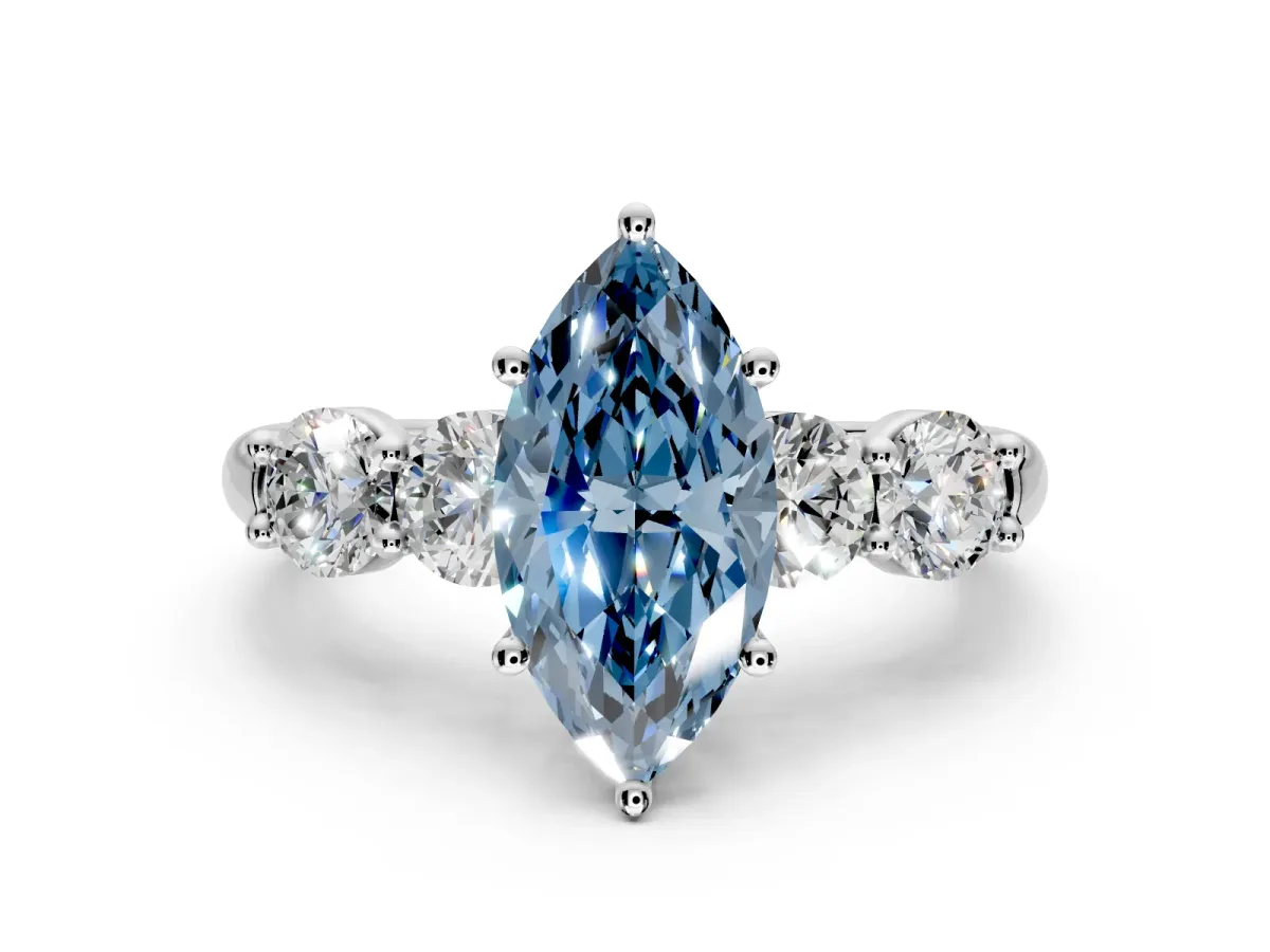 5 Stone Engagement Ring Setting for Fancy Blue Marquise Center with Graduated Accents and Prong Head in Sterling Silver