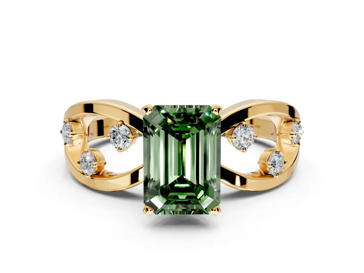 Solitaire Engagement Ring Setting for Fancy Green Emerald Cut Center with Criss-Cross Accent Band and Prong Head in Yellow Gold