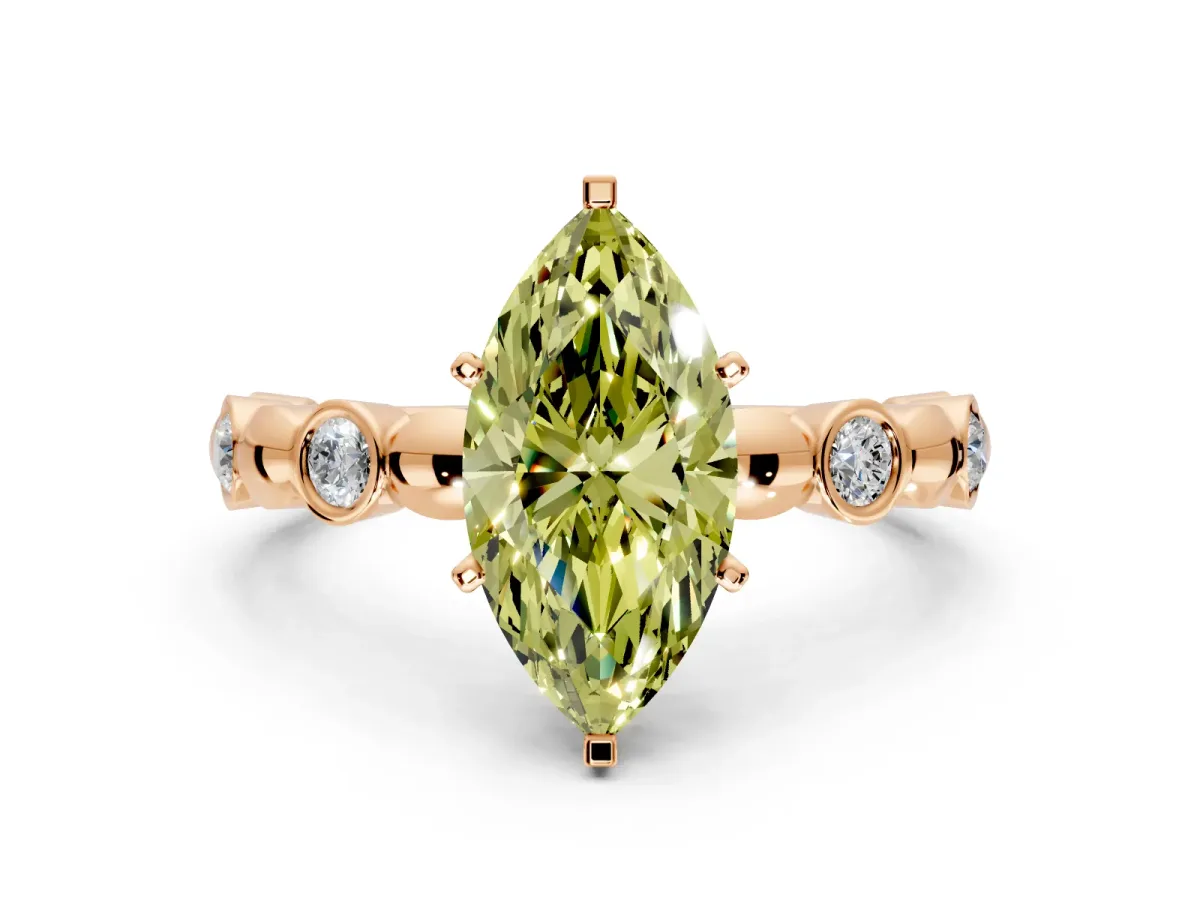 Solitaire Engagement Ring Setting for Fancy Yellow Marquise Center with Beaded Bezel Station Band and Prong Head in Rose Gold