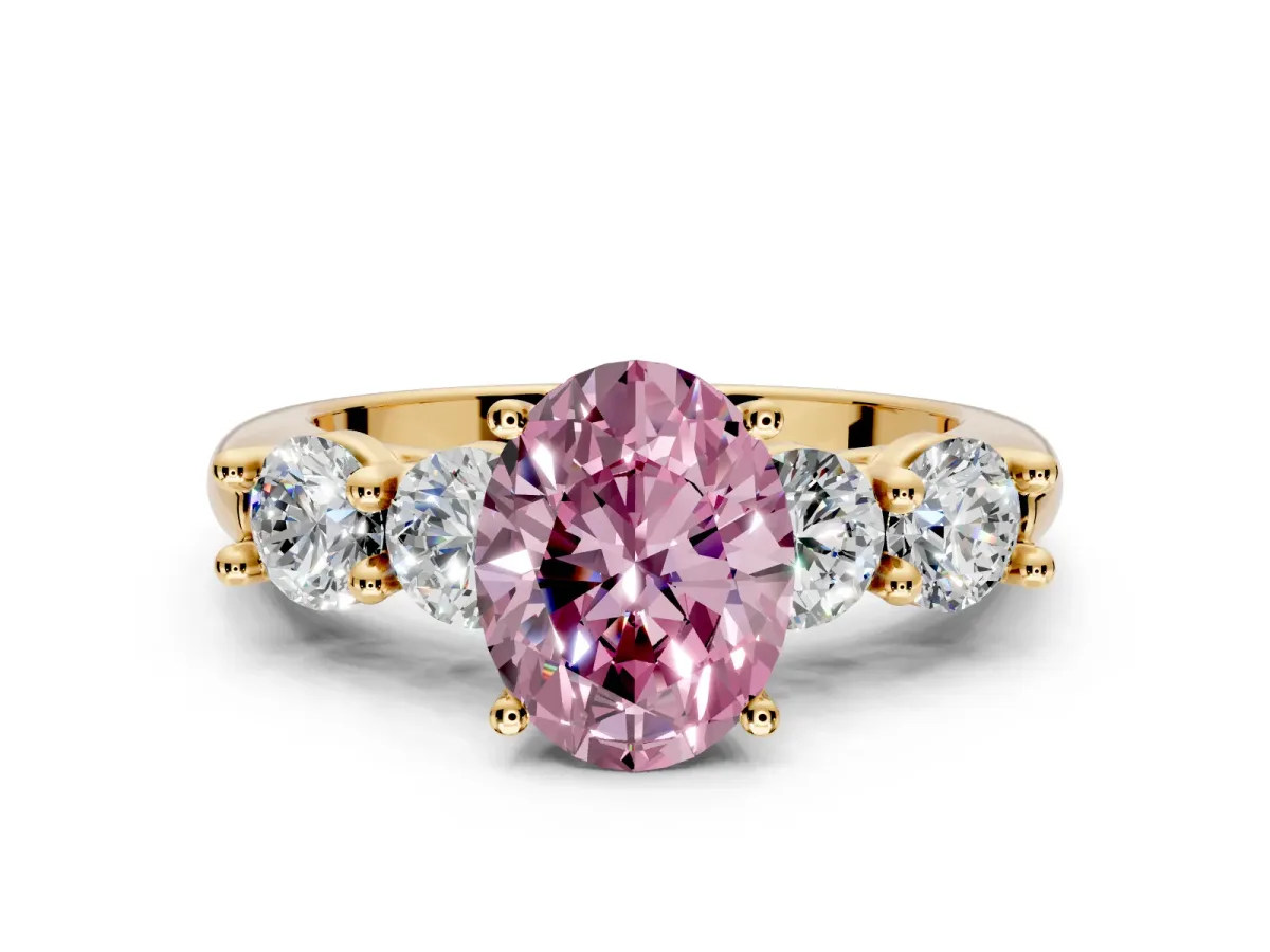 5 Stone Engagement Ring Setting for Fancy Pink Oval Center with Graduated Accents and Prong Head in Yellow Gold