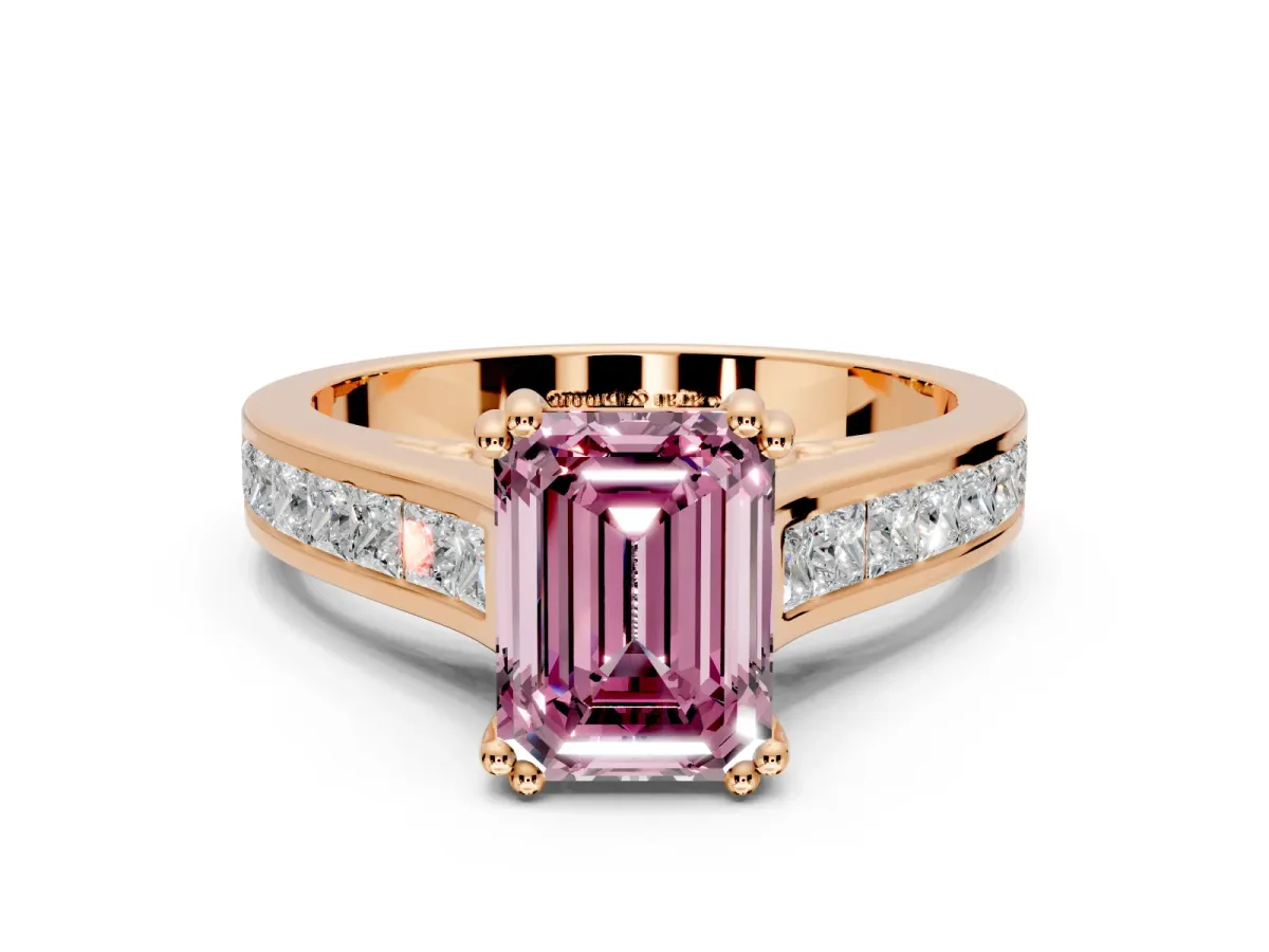 Solitaire Engagement Ring Setting for Fancy Pink Emerald Cut Center with Channel Band and Double Claw Prong Head in Rose Gold