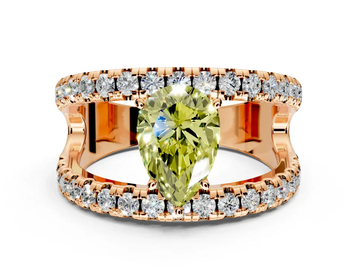Solitaire Engagement Ring Setting for Fancy Yellow Pear-Shaped Center with Wide-Open Split Shank and Prong Head in Rose Gold
