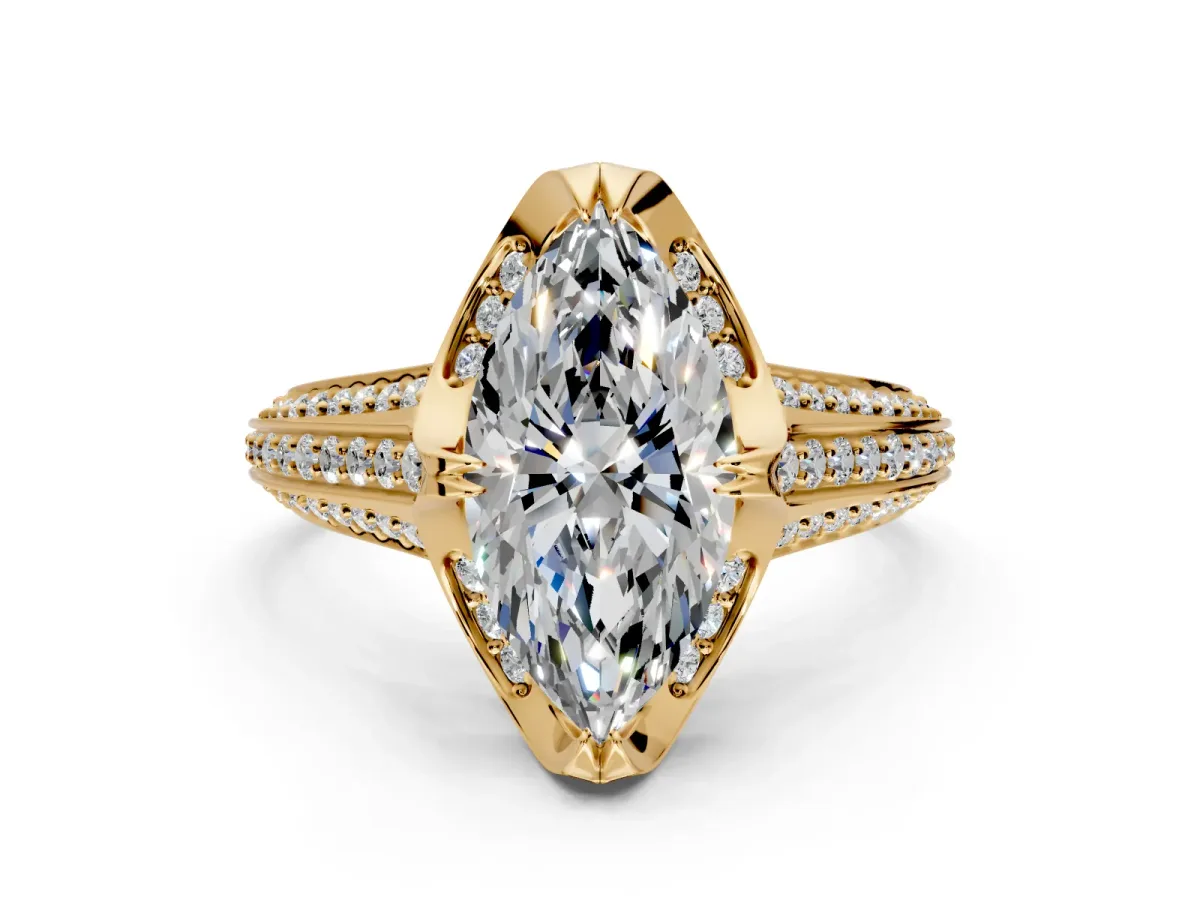 Solitaire Engagement Ring Setting for Marquise Center with Accented Split Shank and Prong Head in Yellow Gold