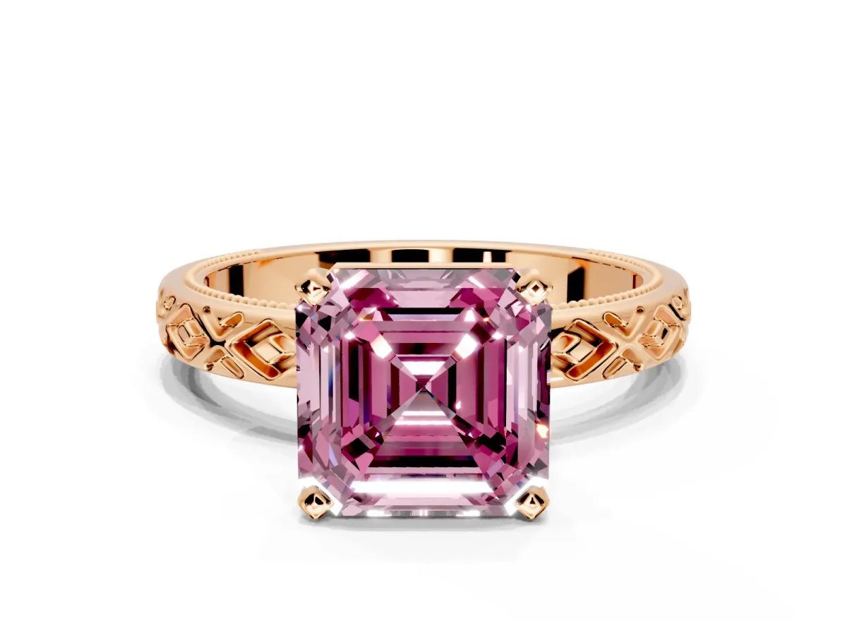 Solitaire Engagement Ring Setting for Fancy Pink Asscher Cut Center with Milgrain X Pattern Band and Prong Head in Rose Gold