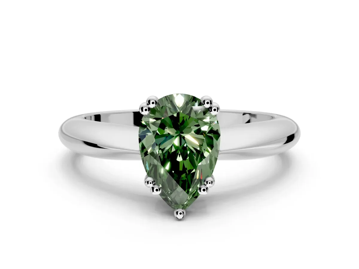 Solitaire Engagement Ring Setting for Fancy Green Pear-Shaped Center with Reverse Tapered Band and Prong Head in Platinum