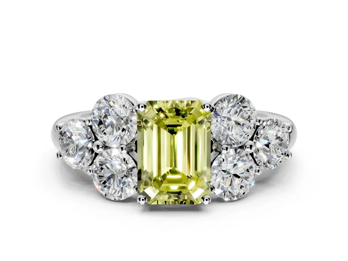 Cluster Engagement Ring Setting for Fancy Yellow Emerald Cut Center with Round Cut Accent Frame and Prong Head in Sterling Silver