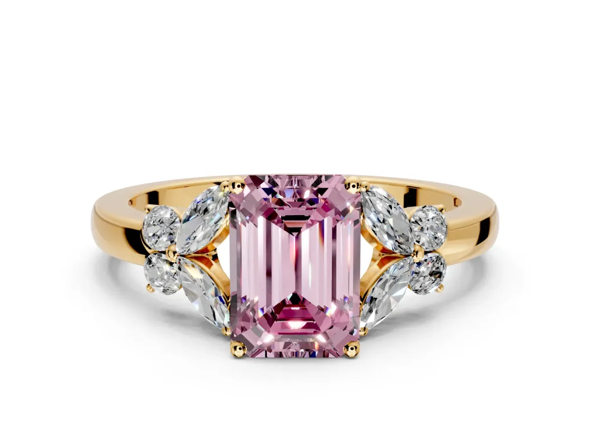 Solitaire Engagement Ring Setting for Fancy Pink Emerald Cut Center with Marquise Flower Shoulders and Prong Head in Yellow Gold