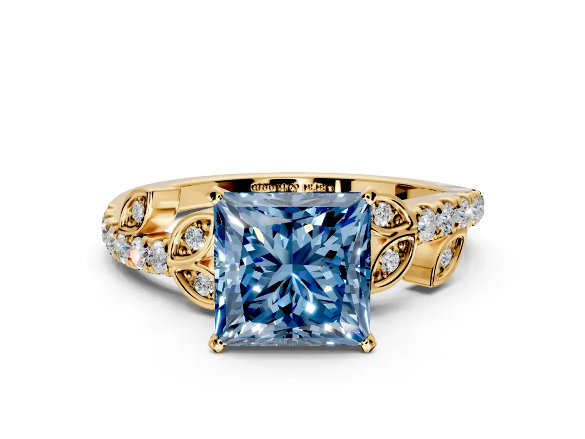 Leaf Motif Engagement Ring Setting for Fancy Blue Princess Cut Center with Pave Band and Prong Head in Yellow Gold