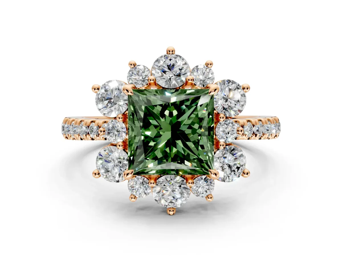 Floral Halo Engagement Ring Setting for Fancy Green Princess Cut Center with Pave Accents and Prong Head in Rose Gold