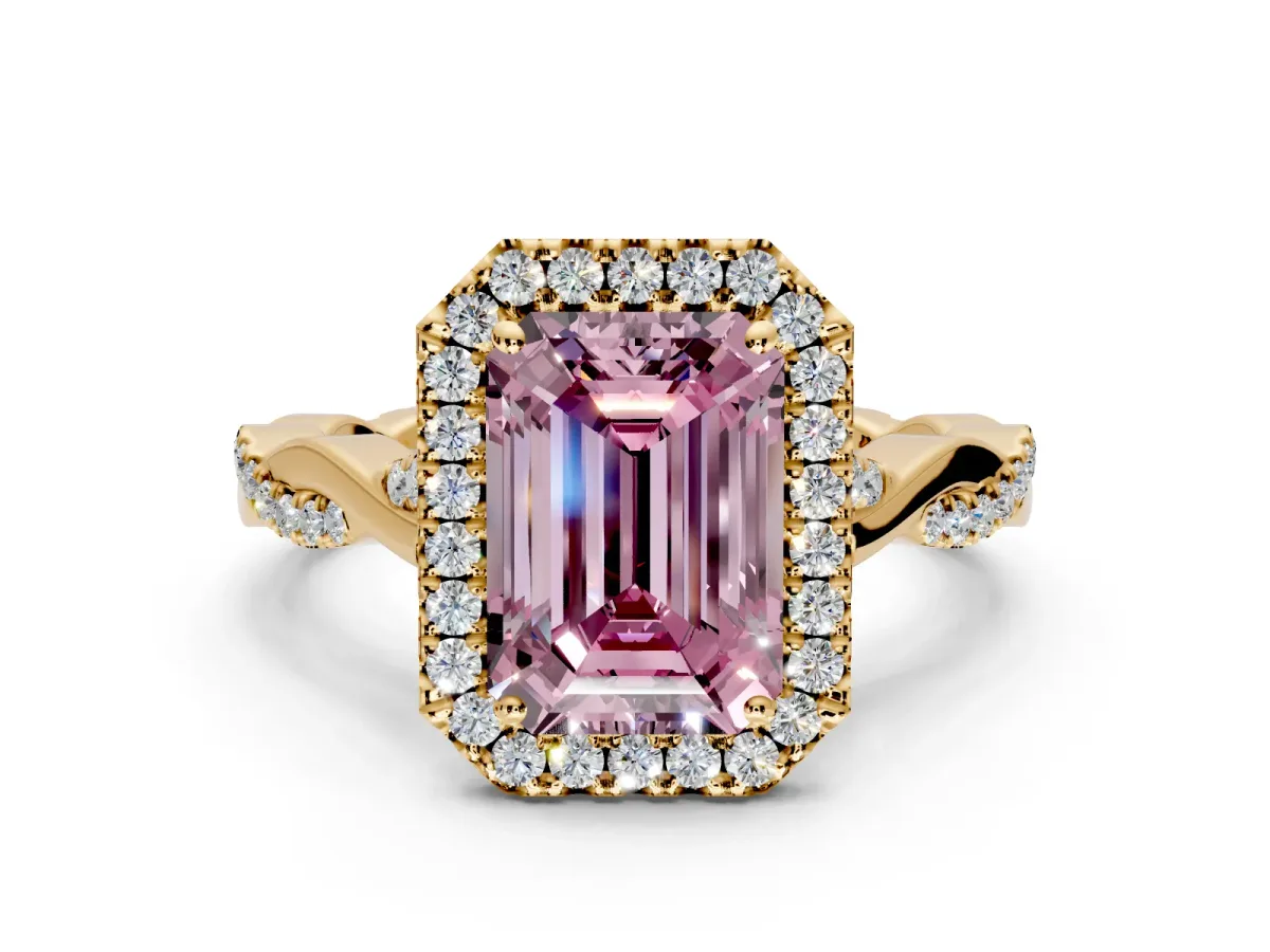 Halo Engagement Ring Setting for Fancy Pink Emerald Cut Center with Twist Band and Prong Head in Yellow Gold