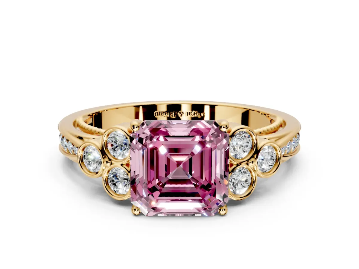 Cluster Engagement Ring Setting for Fancy Pink Asscher Cut Center with Bezel Accent Clusters and Prong Head in Yellow Gold