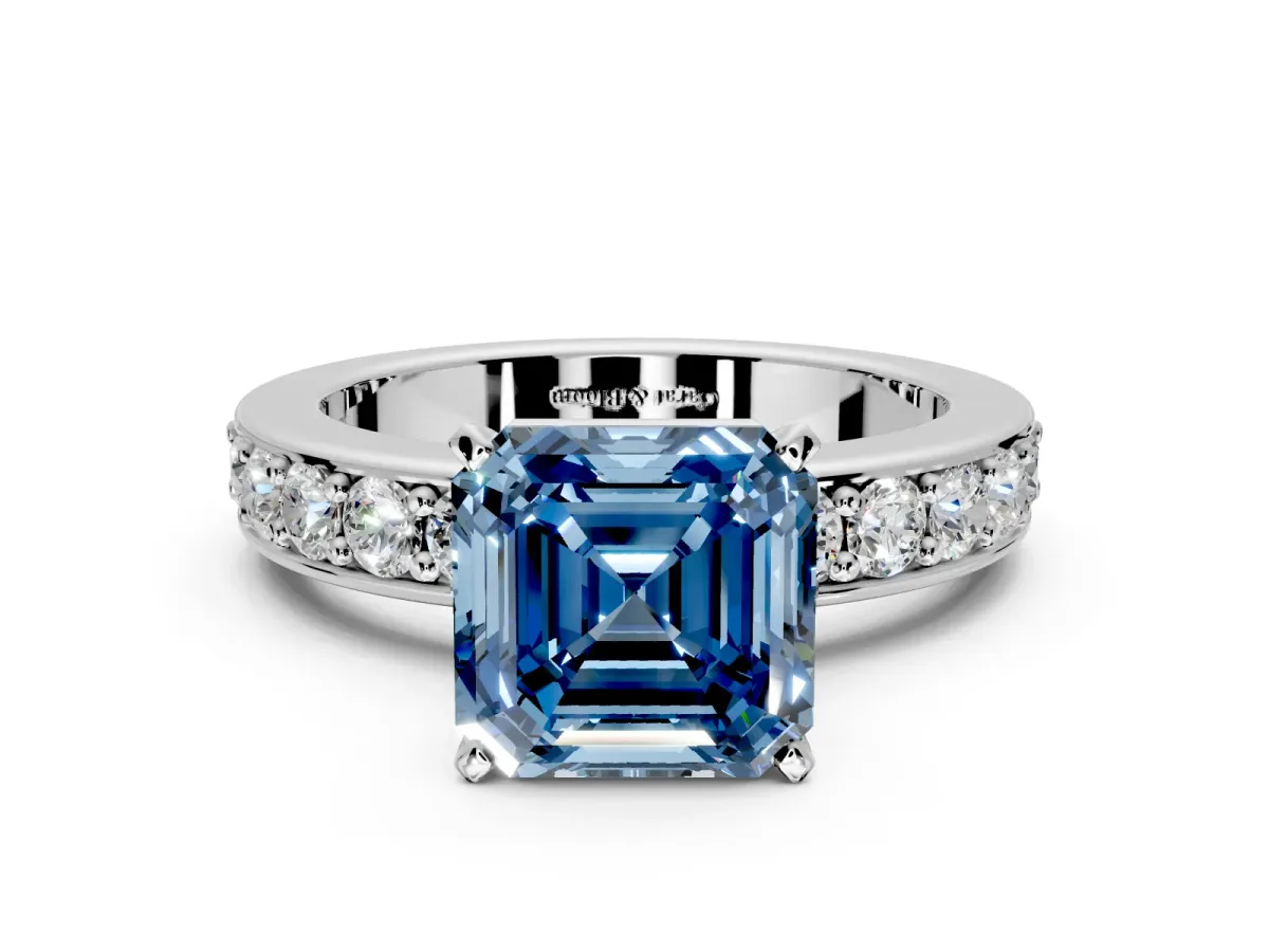 Solitaire Engagement Ring Setting for Fancy Blue Asscher Cut Center with Channel-Set Accents and Prong Head in Platinum