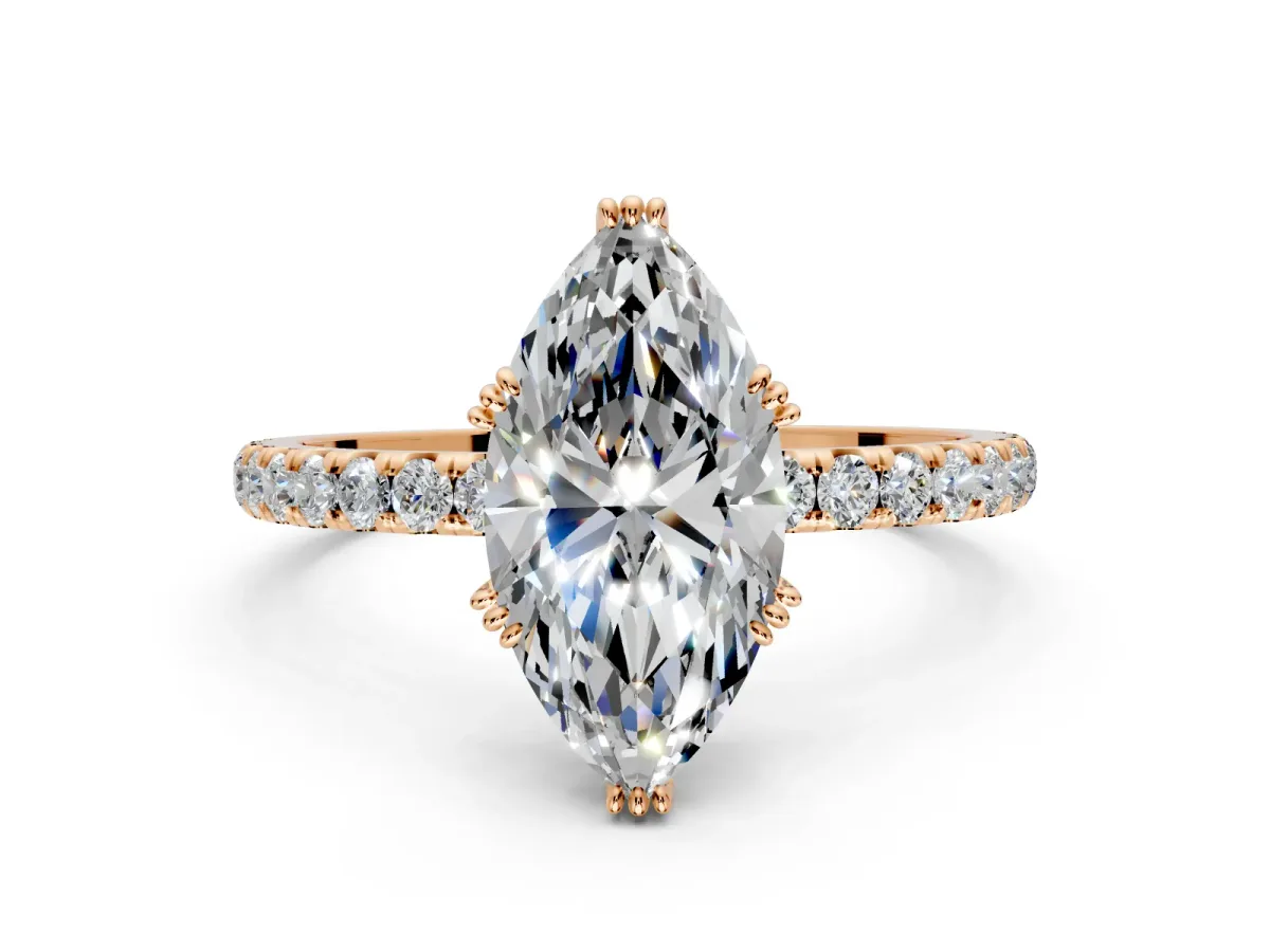 Solitaire Engagement Ring Setting for Marquise Center with Pave Band and Claw Prong Head in Rose Gold