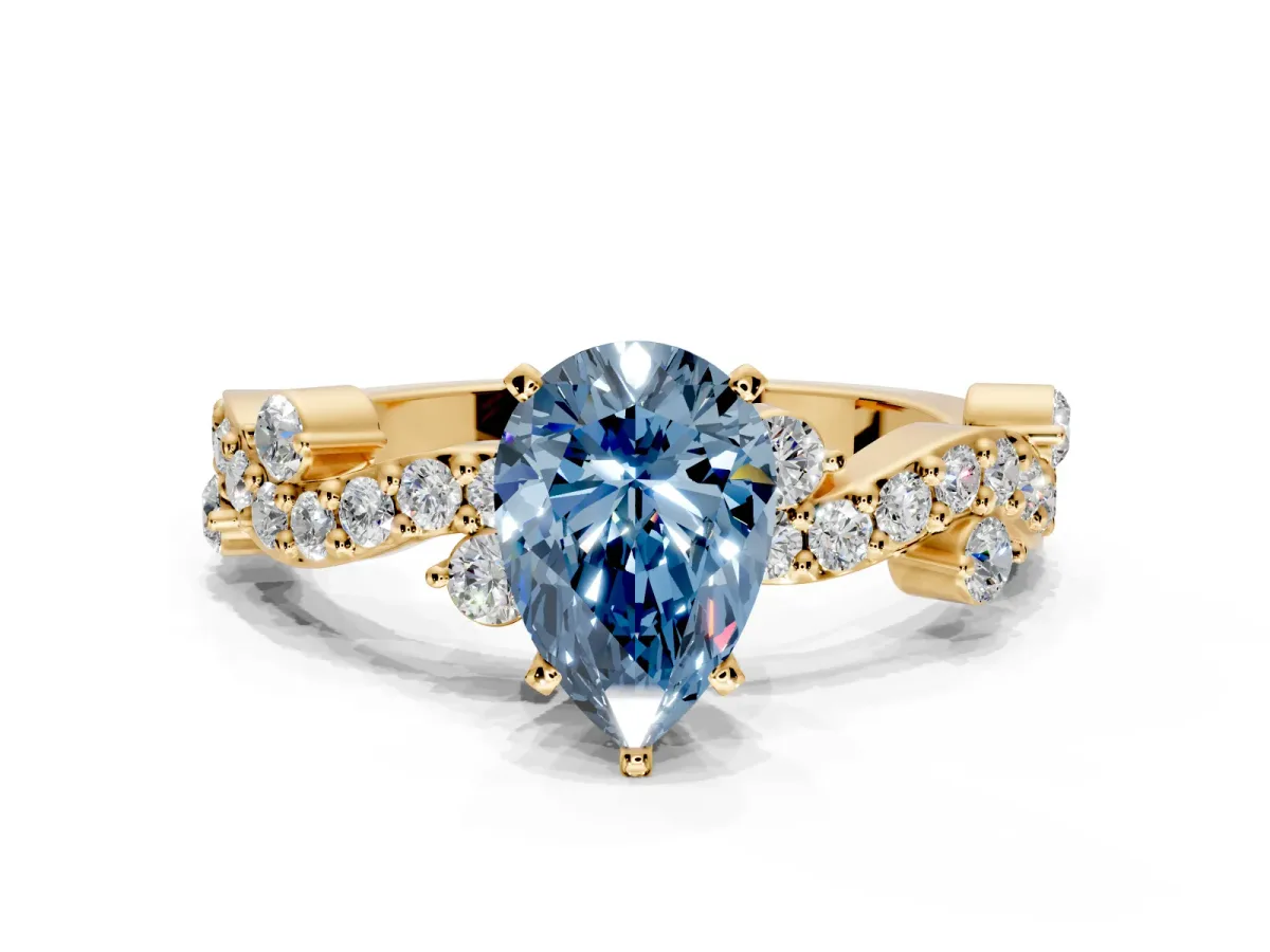 Solitaire Engagement Ring Setting for Fancy Blue Pear-Shaped Center with Bar-Station Pave Twist and Prong Head in Yellow Gold